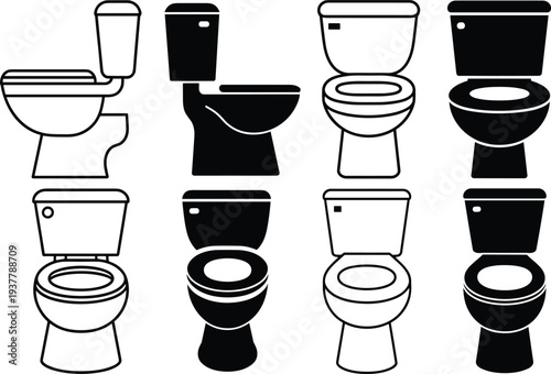 Set of stylized toilet icons in black and white grid layout, representing bathroom facilities, sanitation, restroom signage, and hygiene design concepts