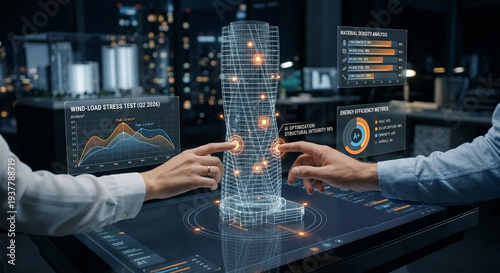Engineers interacting with a holographic 3d model of a building displaying construction analytics and data