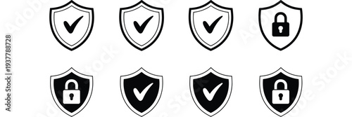shield security icons collection, protection and privacy symbols with check mark and lock for cybersecurity safety designs, vector set isolated on white background for data protection graphics, app in