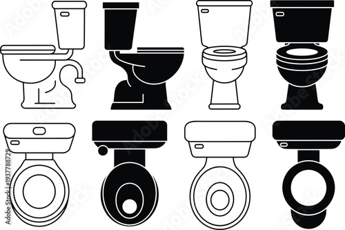 Set of stylized toilet icons in black and white showing side and top views, representing bathroom facilities, sanitation, plumbing, and restroom signage