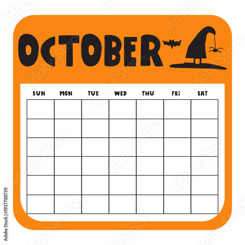 Warm Orange Calendar Icon for October. Empty Monthly Grid Inside Colored Frame
