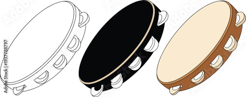 Set of tambourine icons in outline, silhouette, and realistic styles, representing musical instruments, rhythm, percussion, and cultural design elements
