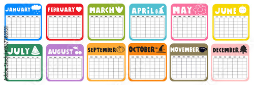 All Months Calendar Icons Set. 12 Blank Grid Templates in Colored Frames for Any Year