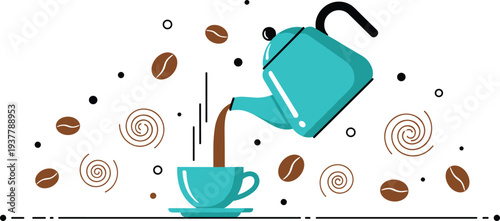 Pour Over Coffee Illustration with Kettle Cup Coffee Beans and Aroma Swirls Minimal Flat Vector Design