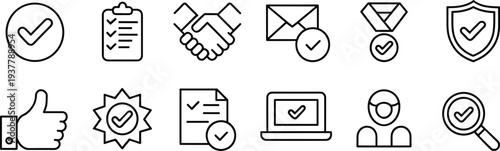 Set of verification and approval icons in black-and-white line style featuring checkmarks, clipboards, shields, medals, documents, and quality assurance symbols