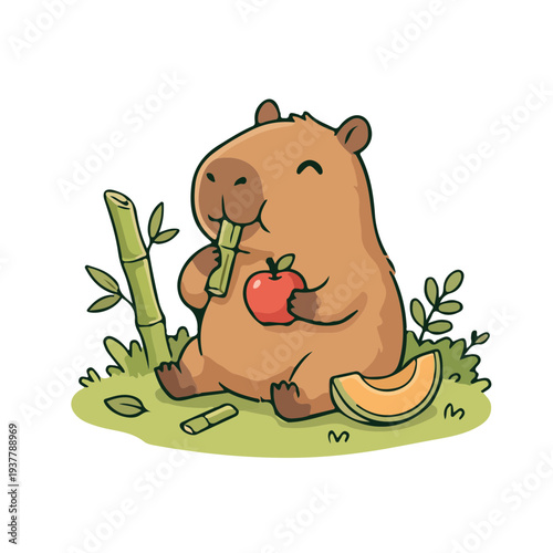 Cute Capybara Eating Bamboo and Apple