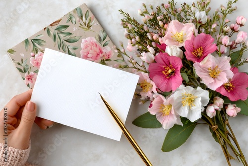Hand holding blank card with spring flowers