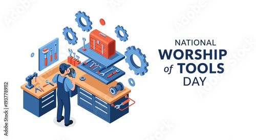 Illustration of a technician with work tools and equipment on National Worship of Tools Day, celebrating craftsmanship with a colorful and modern design.