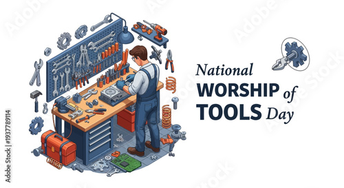 Illustration of a technician working at a cluttered workbench surrounded by various tools on National Worship of Tools Day with a colorful and lively design.