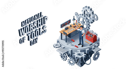 Illustration of a workbench with tools celebrating National Worship of Tools Day with a design and engineering theme.