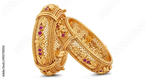 Elegant gold bangles with ruby gemstones and floral designs