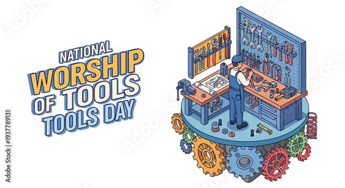 Isometric illustration of a workbench with various tools on National Worship of Tools Day with a colorful and industrial design