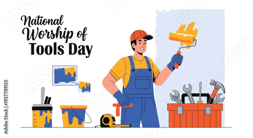 Illustration of a worker celebrating National Worship of Tools Day with various tools and equipment around him.