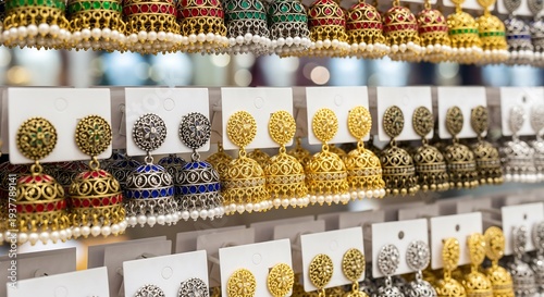 Vibrant traditional Indian jhumka earrings on display