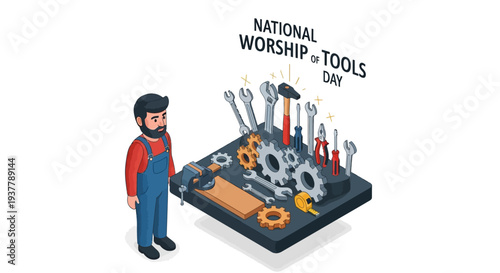 Illustration of a bearded technician standing beside a tray of assorted handyman tools on National Worship of Tools Day with a colorful and celebratory mood.