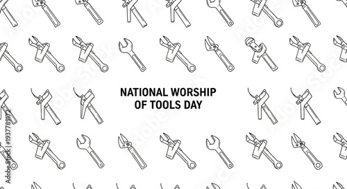 Illustration design celebrating National Worship of Tools Day with various handyman tools on a white background in a flat lay composition.