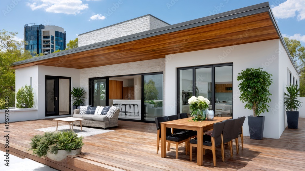Fototapeta premium Modern villa house featuring a spacious outdoor patio deck
