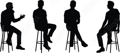 Silhouettes of people sitting on stools in various poses, representing conversation, listening, body language, and minimalist design for interaction themes