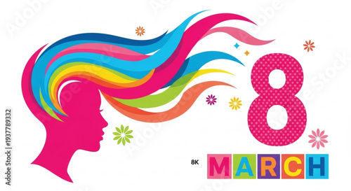 Vibrant woman's silhouette with colorful hair and flowers celebrating international women's day on march 8th with a pink number and text