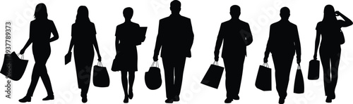 Silhouettes of people walking with shopping bags, representing consumer behavior, retail lifestyle, fashion, and urban design elements in minimalist style