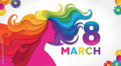 Vibrant woman with rainbow hair celebrating international women's day on march 8th with colorful flowers