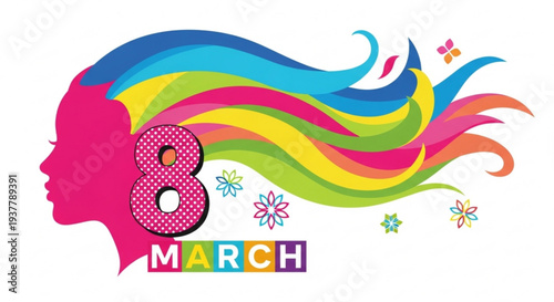 Vibrant woman's silhouette with flowing rainbow hair and flowers celebrating international women's day on march 8th with colorful typography