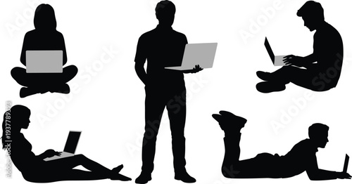 Silhouettes of people using laptops in various seated and standing positions, representing remote work, study, ergonomics, and digital lifestyle design