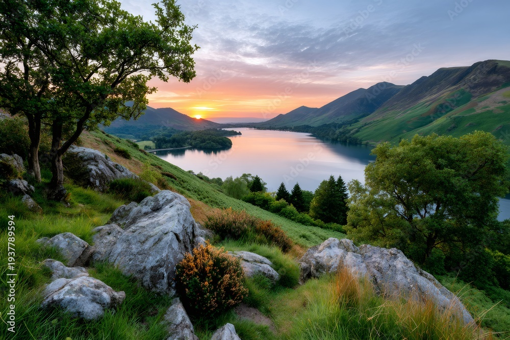 Fototapeta premium Buttermere lake sunset illuminating Lake District mountains