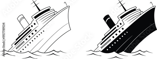 Stylized passenger ship icons in black-and-white outline and silhouette styles, navigating waves, representing ocean liner, cruise travel, and maritime design