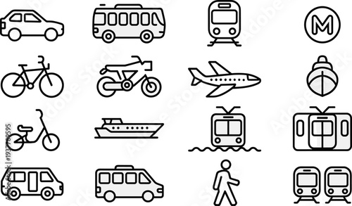 Transportation vehicle icons set including car bus train airplane bicycle motorcycle scooter boat metro tram walking vector line collection