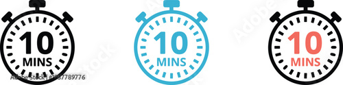 Stylized stopwatch icons displaying 10 minutes in black, blue, and red designs, ideal for time management, countdown, sports, fitness, and productivity concepts