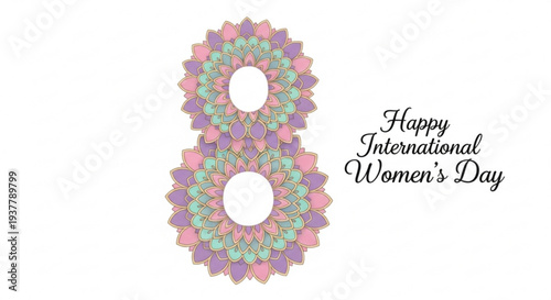 Happy international women's day floral number eight symbol with pink purple and green flowers on white background