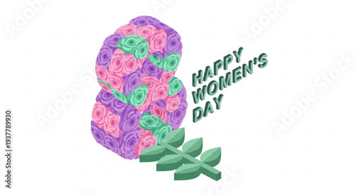 Colorful roses bouquet with happy women's day text on white background