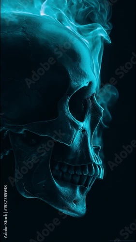 Ethereal Cyan Smoke Skull Portrait with Dark Background