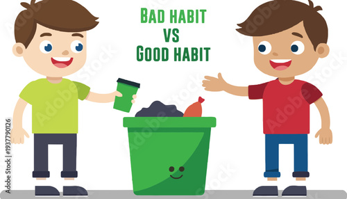A cartoon illustration of bad habit versus good habit with two boys