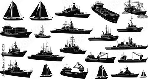 Large Silhouette Collection of Various Ships Including Cargo Vessels Navy Warships Sailboats Tugs and Tankers for Maritime Industry Nautical Design Logistics