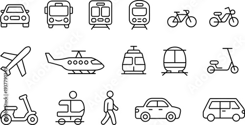 Transportation vehicle icons set including car bus train bicycle motorcycle airplane helicopter scooter walking taxi vector line collection