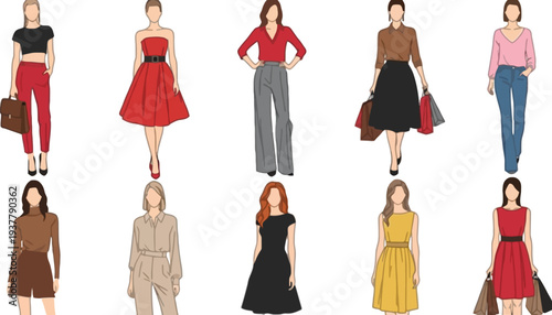 Fashion women illustration set in various stylish outfits and poses
