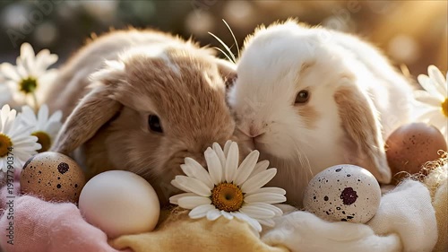 A charming close-up of two adorable, fluffy lop-eared bunnies snuggling together in a soft, pastel nest with Easter eggs and white daisy flowers. Warm, gentle sunlight illuminates the scene.