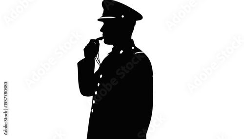 Police officer silhouette blowing whistle in uniform at night