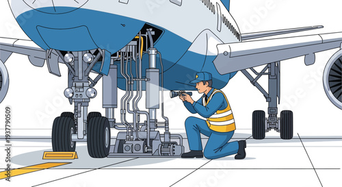 Aircraft mechanic inspecting undercarriage vector