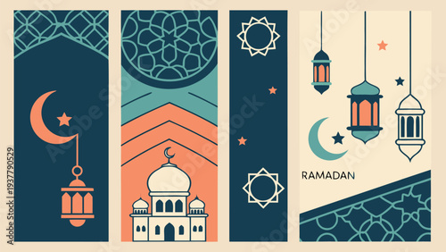 Ramadan kareem islamic decorative banners with lanterns and mosque illustrations