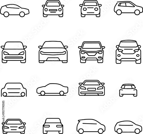 Car vehicle icons set with front rear side automobile views including sedan hatchback SUV transport vector line collection