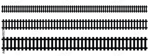 Railroad, segments and track elements top view, straight lines isolated on white background, train track components, fence or stairs texture, modern flat vector illustration for transportation,