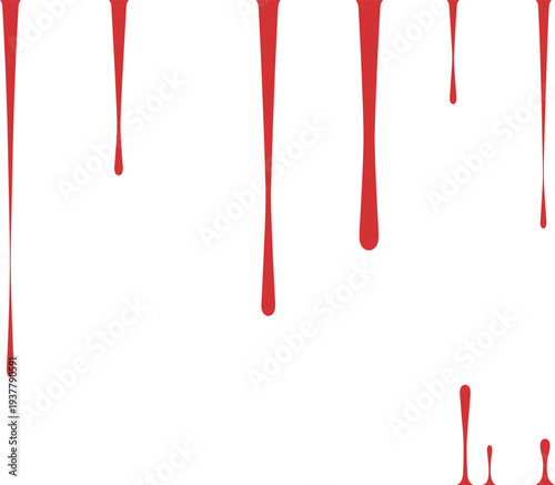 Abstract set of red dripping liquid elements representing blood splatter or paint drips on a white background for horror and creative design projects