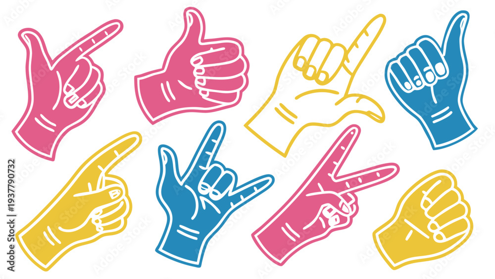 Fototapeta premium Colorful foam finger hand signs in pink blue and yellow on white background for cheering and gestures