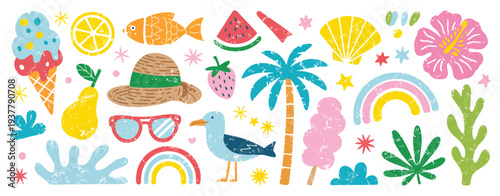 Beach Summer Icons and Sea Vacation Elements, Cute Crayon Style Vector Illustration with Sun, Watermelon, Pinwheel, Flower and Shell, Pastel Chalk Doodle Sticker Set for Summer Holiday, Coastal Patter