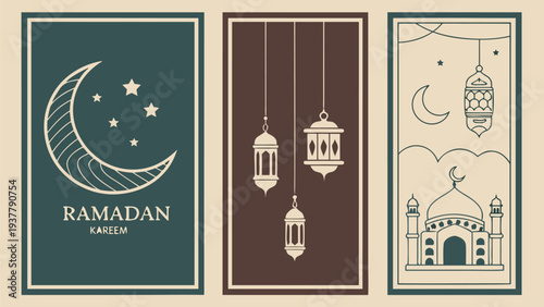 Ramadan kareem posters with lanterns and mosque illustrations on beige background