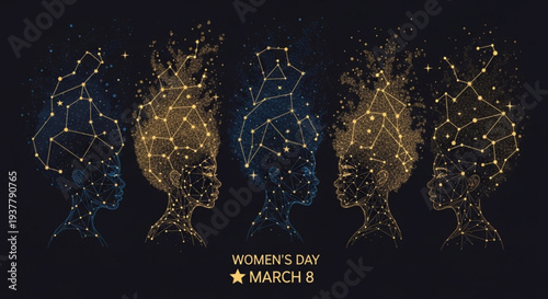 Women's day march 8th celebration with constellation silhouettes of five women in gold and blue on black background