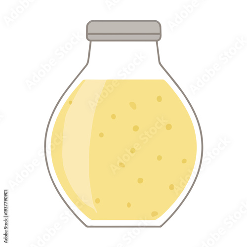 A stylized illustration of a glass bottle containing a yellow, bubbly liquid